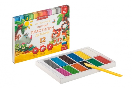 Пластилин 12цв 180гр. Детский мягкий  к/к, стек