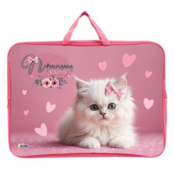 Папка А3 (475*345*40) с ручками, молния, ткань "Кошечка с бантиком"