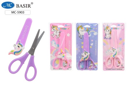 Ножницы детские с пластиковыми ручками, длина ножниц 13,5 см, лезвие 6,5 см в чехле, в блистере, 3 цвета. ЕДИНОРОЖКА
