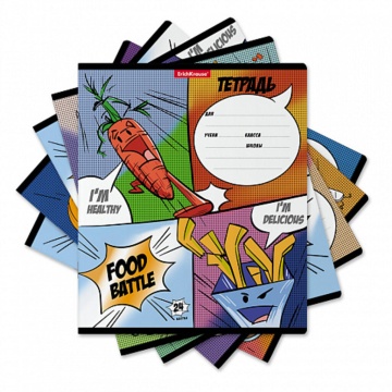 Тетрадь школьная ученическая ErichKrause Food Battle, 24 листа, клетка (в плёнке по 10 шт.)_MIX-PACK