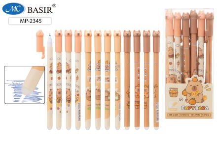 Ручка гелевая. Стираемая. "КАПИБАРА". Цв.корпус с рисунком. Ассорти. 0,38 mm. Синяя