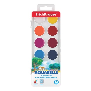 Краски акварельные ErichKrause 12 цветов (в пластиковой коробке с европодвесом)
