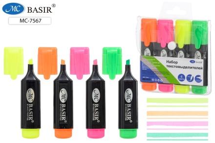 Текстмаркеры флуоресцентные. 4 цв. Чёрн.корпус, цв.колпачок