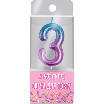 Свеча-цифра "3" Degrade 6 см, метал.цвет+напыление серебрян.точками