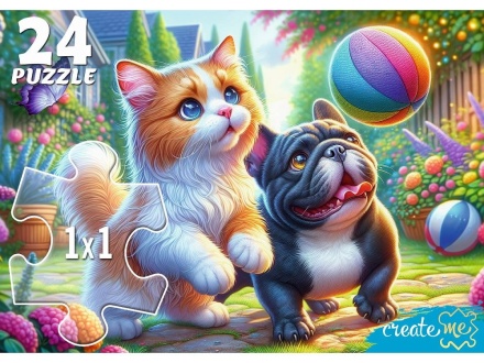 Пазл МАКСИ 24 элемента "Кот и щенок с мячом"