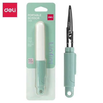 Ножницы Deli портативные 12,5 cм, лезвия с антиприг.покр., защитный колпачок