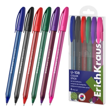 Набор из 6 ручек шариковых ErichKrause U-108 Stick Color 1.0, Ultra Glide Technology, цвет чернил ас