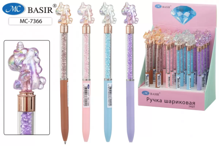Шариковая ручка с поворотным механизмом; наконечник "ЕДИНОРОГ"; комбинированный корпус-нижняя часть корпуса-цветная .ассорти., прозрачная часть корпуса с наполнителем-стразы, цвет чернил-синий