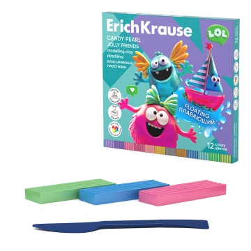 Пластилин классический плавающий ErichKrause Jolly Friends Candy Pearl 12 цветов со стеком, 216 г (в