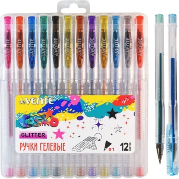 Набор гелевых ручек deVENTE 12цв. "Cosmo Glitter" 1мм, в пласт.кор., держатель