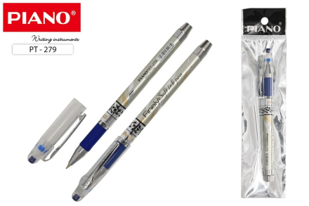 Ручка шариковая. PIANO FINELY. На масляной основе. Пластик.корпус серебристого цвета с рисунком, прозр.колпачок. 0,7 мм. Синяя