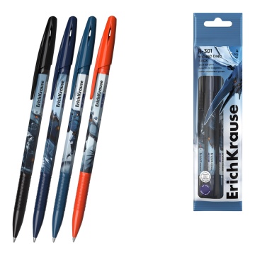 Набор из 4 ручек шариковых ErichKrause R-301 Stick Techno Dino 0.7, цвет чернил синий (в пакете)