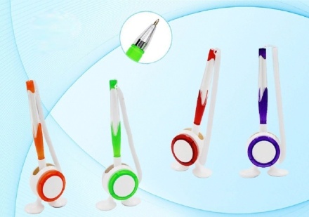 Ручка шариковая, на липкой основе, На "ножках", пластиковая пружинка, Белый+цветной корпус, цвет чернил-синий.