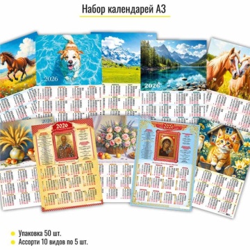 Календарь листовой 297*420мм на 2026г. Ассорти. 10в.по 5шт.