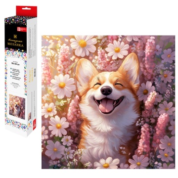 Мозаика алмазная по номерам на холсте (в рулоне) 30*30см "Корги с ромашками"