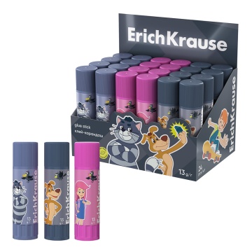 Клей-карандаш ErichKrause Лёгкое склеивание Простоквашино, 13г, ассорти (в коробке-дисплее по 24 шт.