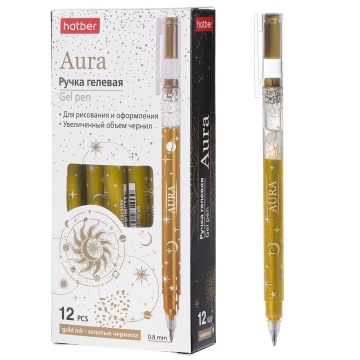 Ручка гелевая акриловая Hatber "Aura" 0,8мм, золото