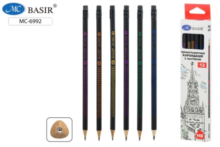 Карандаш чернографитный: "ТОЧКИ"; НВ, деревянный, заточенный с ластиком, трёхгранный чёрный корпус с цветными голографичечскими точками 