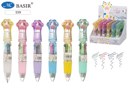 Ручка автоматич. МИНИ: 4-х цветная. "ЛАПКИ". Корпус 11,1 см. 0,5 mm.