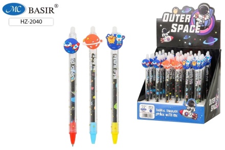 Авторучка со стираемыми чернилами гелевая : "КОСМОС"; прозрачный корпус, цветной стержень с рисунком 