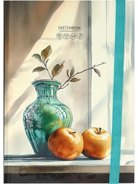 Скетчбук А5  80л., 7БЦ,  80гр/м2 "Ваза и яблоки" мат.лам.,выб.лак., резинка