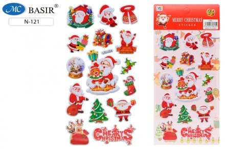 Наклейки объёмные: "НОВОГОДНИЕ"; размер листа 22*10 см .ассорти 15 штук на блистере ., в п.э упаковке.