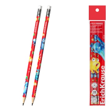 Набор из 4 чернографитных карандашей ErichKrause Jolly Friends, трехгранных, с ластиком, HB (в пакет