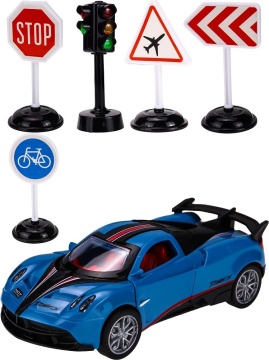 Машинка инерционная 14 см двери откр, 4 дорожных знака,светофор,синий