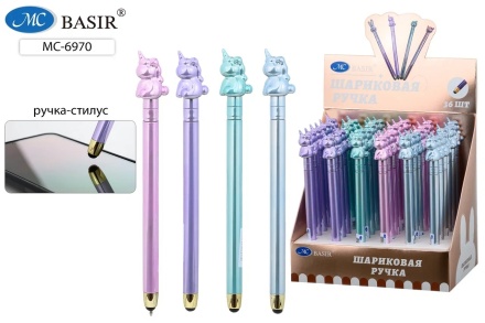 Ручка шариковая. С поворотн.механизмом + стилус. "ЕДИНОРОГ" Цв.металлик корпус ассорти. Синяя