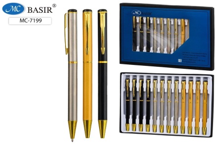 Ручка металлическая с поворотным механизмом. Цветной корпус: чёрный, золото, серебро. Клип и наконечник золотистые. Синяя