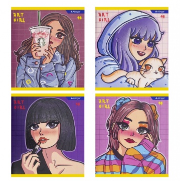 Тетрадь 48л., А5, клетка, Alingar "Art girls", скрепка, мелованный картон (стандарт), выб УФ лак, блок офсет, 4 дизайна в пленке т.у
