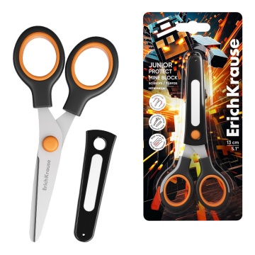 Ножницы ErichKrause Junior Protect Mine Block, с пластиковым чехлом и именным стикером, 13см, черный