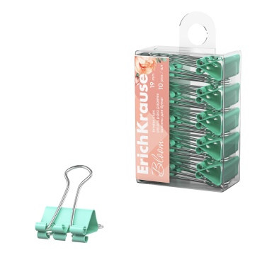Зажимы для бумаг ErichKrause Pastel Bloom, 19 мм, Mint  (в пэт-боксе по 10 шт.)