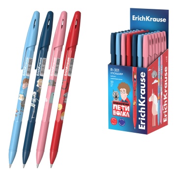 Ручка шариковая ErichKrause R-301 с резиновым хватом Приключения Пети и Волка 0.7, цвет чернил синий