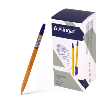 Ручка шариковая Alingar на масляной основе "Vectro-А", 1 мм, синяя, игольч. наконечник, грип, шестигран. оранж. пластик. корпус, 50 шт