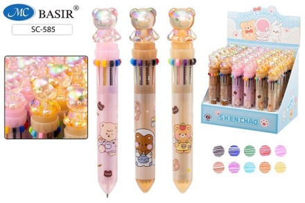 Ручка автоматич. 10-ти цветная. "МИШКА". Цв.корпус с рис. Ассорти. 0,7 mm.