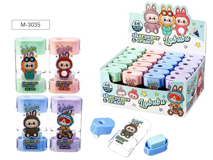 Точилка пластик.с контейнером. ЗУБАСТИК (Лабубу), 2 отверстия, ластик, 4 дизайна