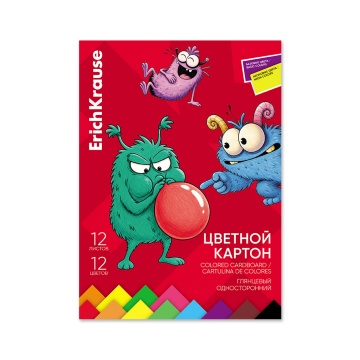 Цветной картон глянцевый на клею ErichKrause, Веселые друзья, А4, 12 л, 12 цв (с флюор.) (школьно-пи