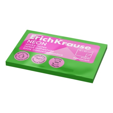Блок самоклеящийся бумажный ErichKrause Neon, 75х50 мм, 100 листов, зеленый