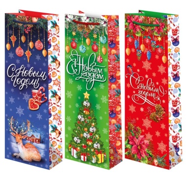 Пакет подар. бумажн. под бутылку 12*36*8 см, 157гр/м2  Микс новогодний 2