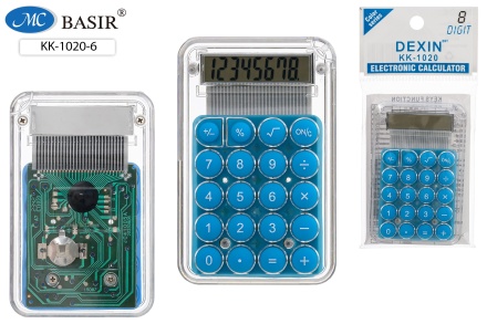 Калькулятор детский. 8-разрядный, на батарейке. 85*55*8 mm. Прозр. голубой цвет
