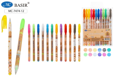 Ручки гелевые. Набор 12 цв. "КАПИБАРА". С блёстками, цв.пластик.корпус с рисунком