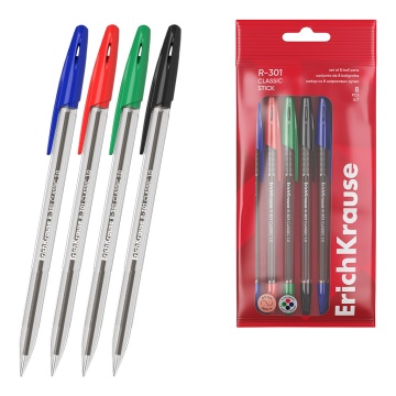 Набор из 8 ручек шариковых ErichKrause R-301 Stick Classic 1.0, цвет чернил: синий - 2, черный - 2,