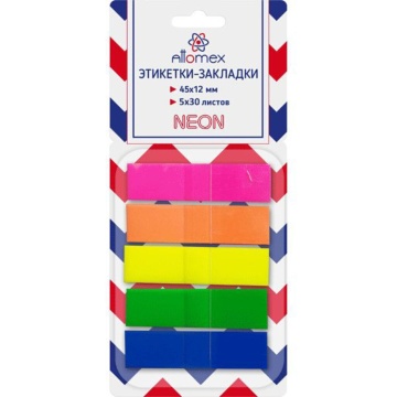 Закладки с липким краем (45*12мм) 5цв, по 30л., Z-сложение блистер, НЕОН