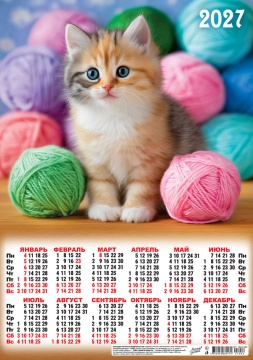 Календарь листовой А3 (297*420мм) на 2027г. "Котята. Игра с клубочками"
