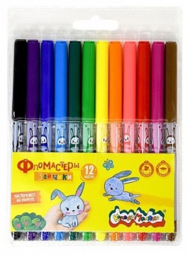 Фломастеры Каляка-Маляка ЗАЙЧИКИ классические 12 цв. кругл. корп. легкосмываемые блист. упак. принт на корпусе (ФПРКМ12)