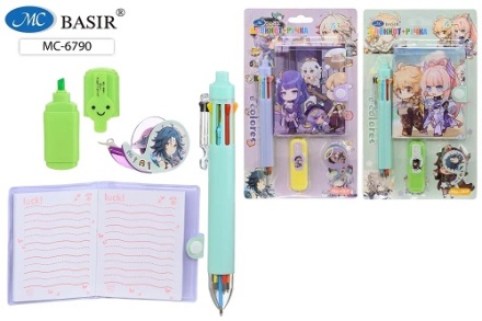 Блокнот на кнопке + 8-цв.авторучка + мини-текстмаркер + диспенсер с детским скотчем. Набор подарочный детский "АНИМЕ". 22*13 см.