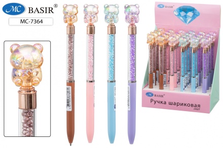 Ручка шариковая с поворотным механизмом; наконечник "МИШКА"; корпус цветной.прозрачн. с наполнителем-стразы, синяя.