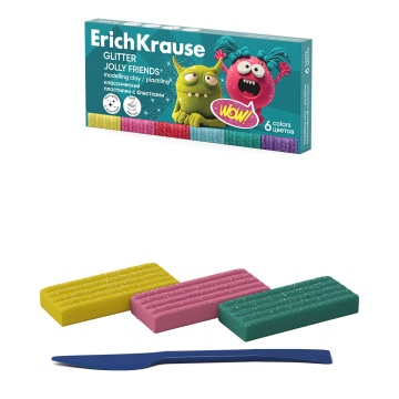 Пластилин классический ErichKrause Jolly Friends Glitter с блестками 6 цветов со стеком, 108 г (в к