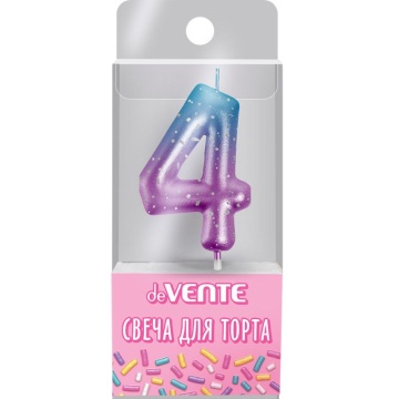 Свеча-цифра "4" Degrade 6 см, метал.цвет+напыление серебрян.точками